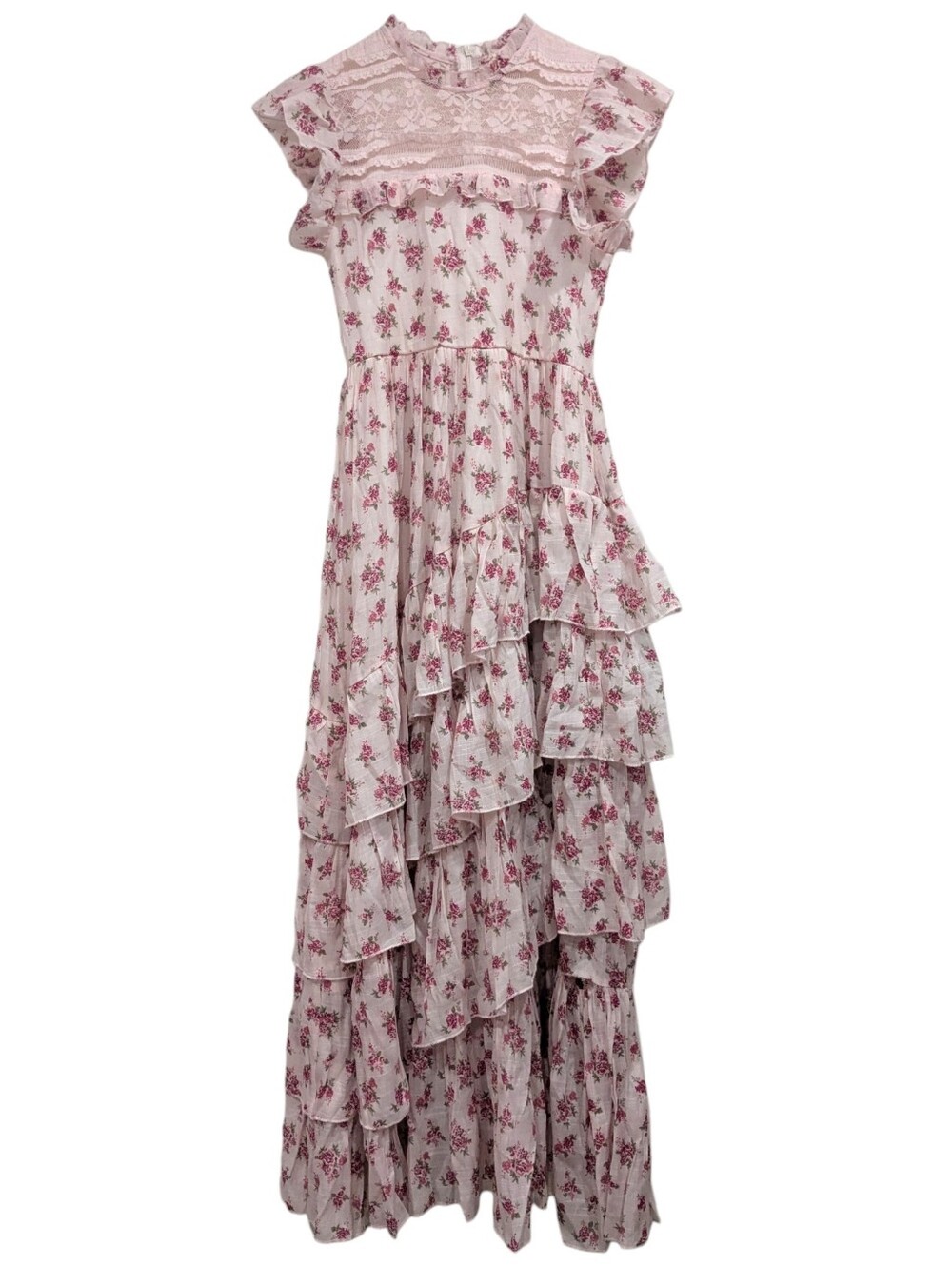 Mia Joy Joyfolie Girls Floral Ruffle Maxi Dress Lace Illusion Yoke Pink Size 12